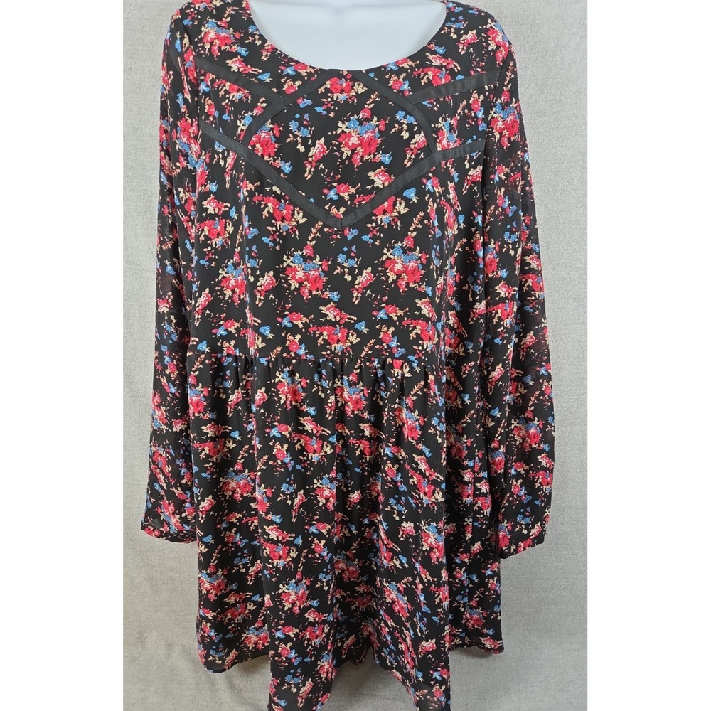 Forever 21 Babydoll Mini Dress M‎ Lined Black Pink Floral Flowy Relaxed Ruffle